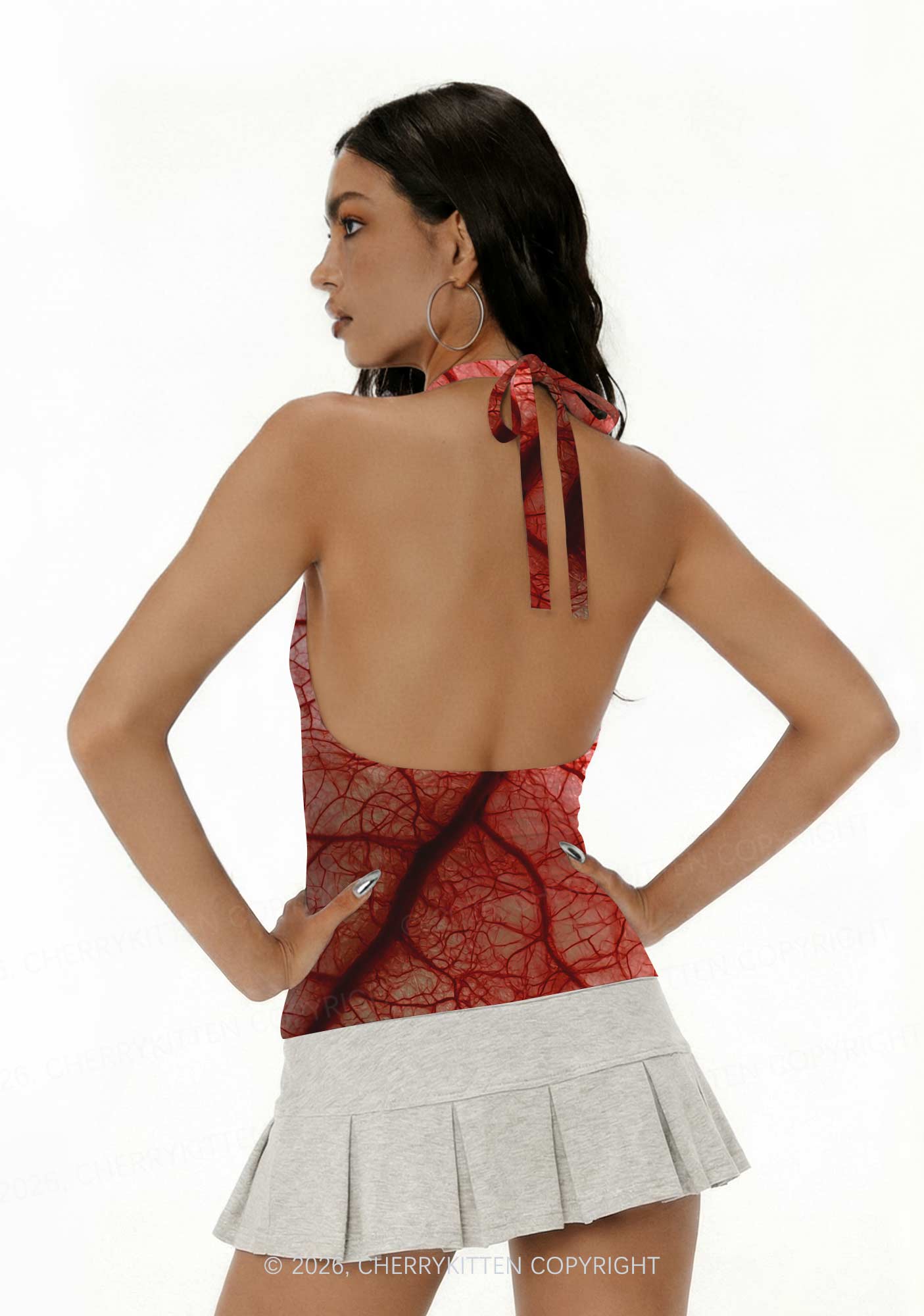 Halloween Red Blood Vessel Y2K Print Halter Deep V Neck Cami Cherrykitten