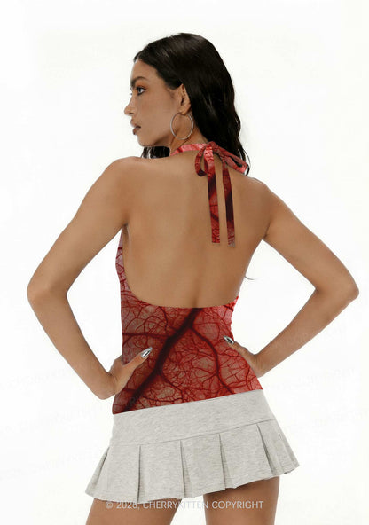 Halloween Red Blood Vessel Y2K Print Halter Deep V Neck Cami Cherrykitten