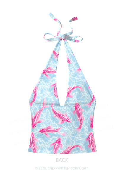 Pink Koi Fish Y2K Print Halter Deep V Neck Cami Cherrykitten
