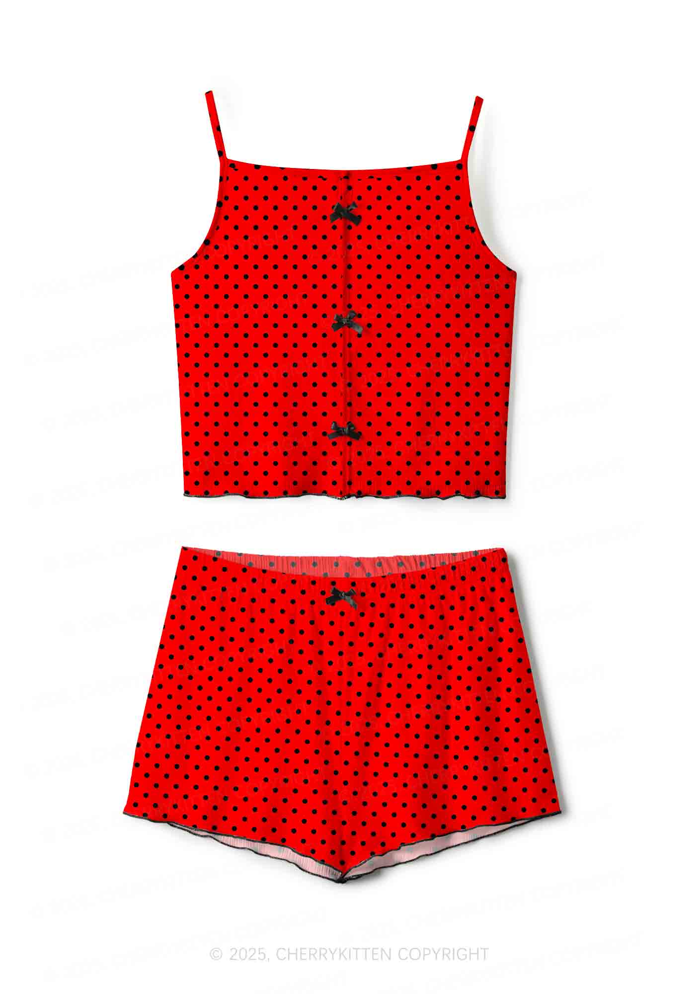 Black Dots On Red Valentine's Day Y2K Print Cami Shorts Pajama Set Cherrykitten