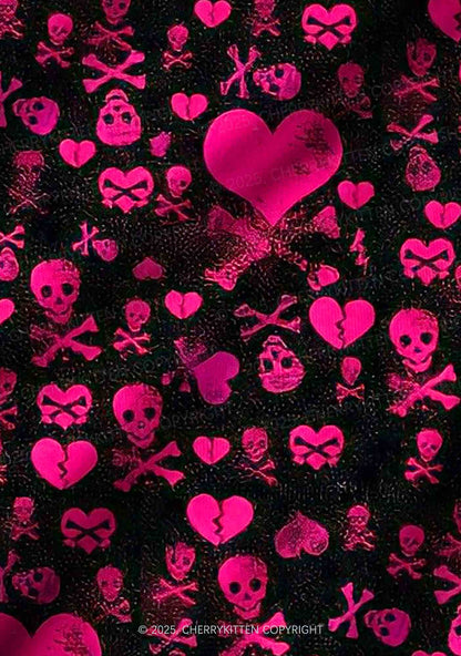 Skeleton Pink Love Valentine's Day Y2K Print Long Sleeve Pajama Set Cherrykitten