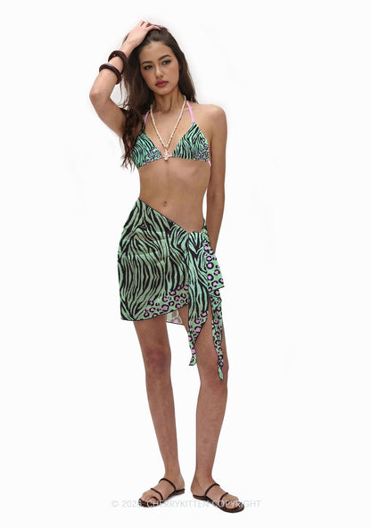 Mint Green Zebra Leopard Y2K Print Bikini Set Cherrykitten