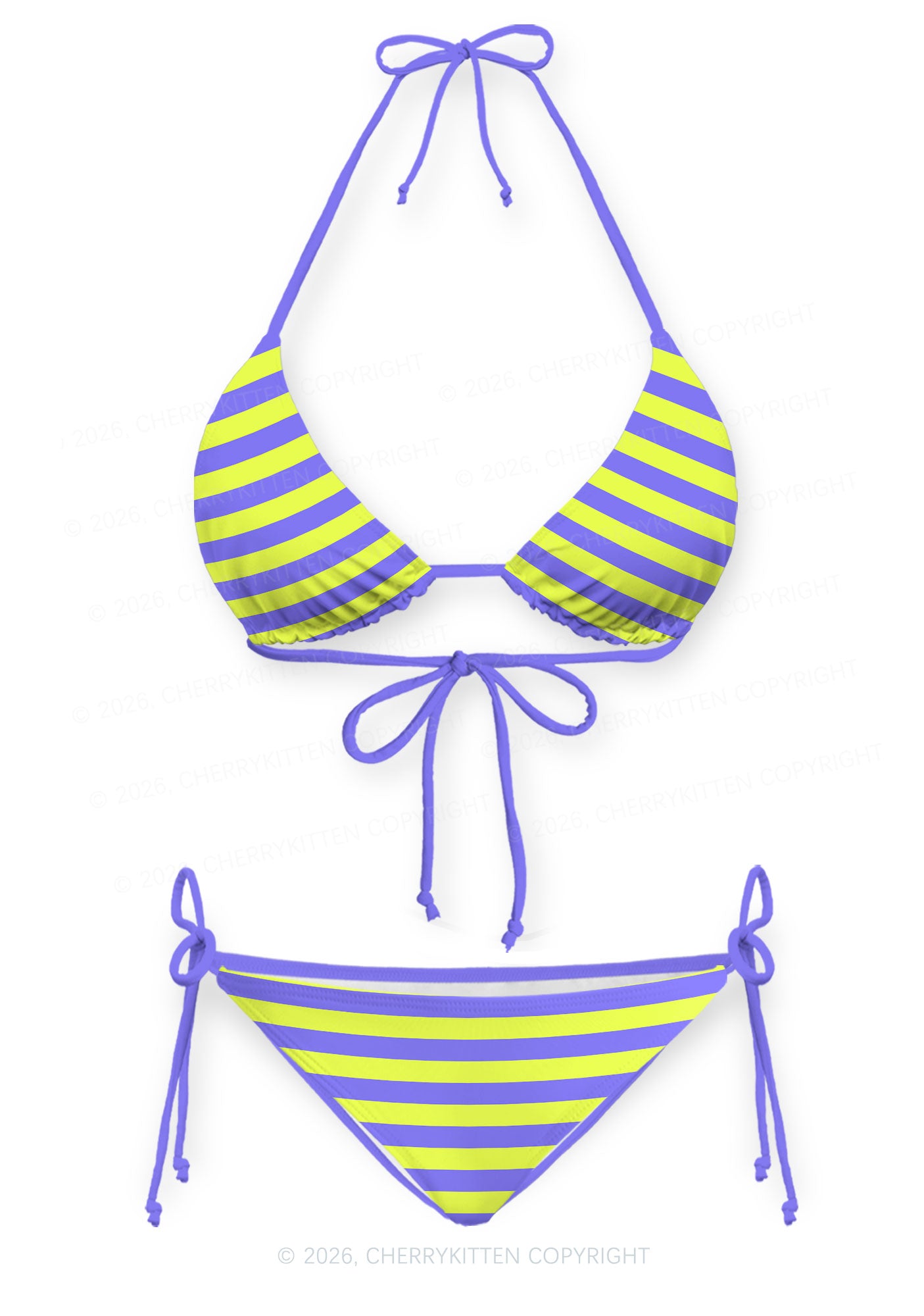 Purple Lime Stripes Y2K Print Bikini Set Cherrykitten