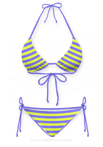 Purple Lime Stripes Y2K Print Bikini Set Cherrykitten