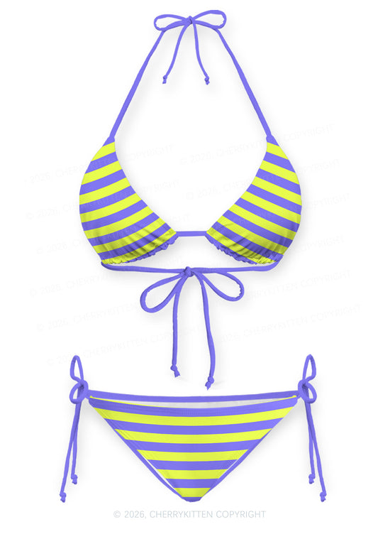 Purple Lime Stripes Y2K Print Bikini Set Cherrykitten
