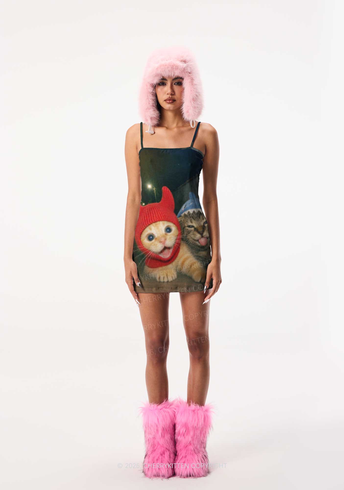 Halloween Devil Shark Hat Cat Y2K Print Slip Dress Cherrykitten