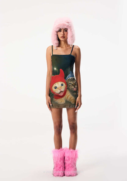 Halloween Devil Shark Hat Cat Y2K Print Slip Dress Cherrykitten