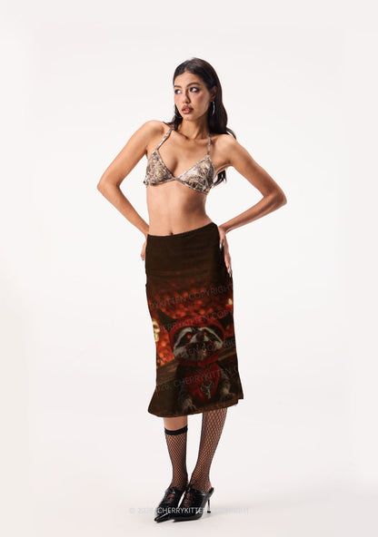 Halloween Vampire Raccoon Y2K Print Midi Skirt Cherrykitten