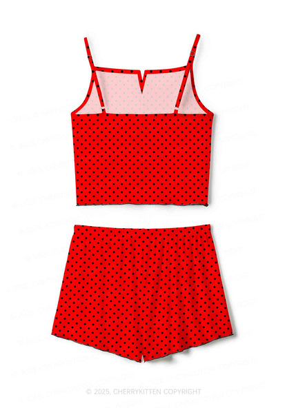 Black Dots On Red Valentine's Day Y2K Print Cami Shorts Pajama Set Cherrykitten