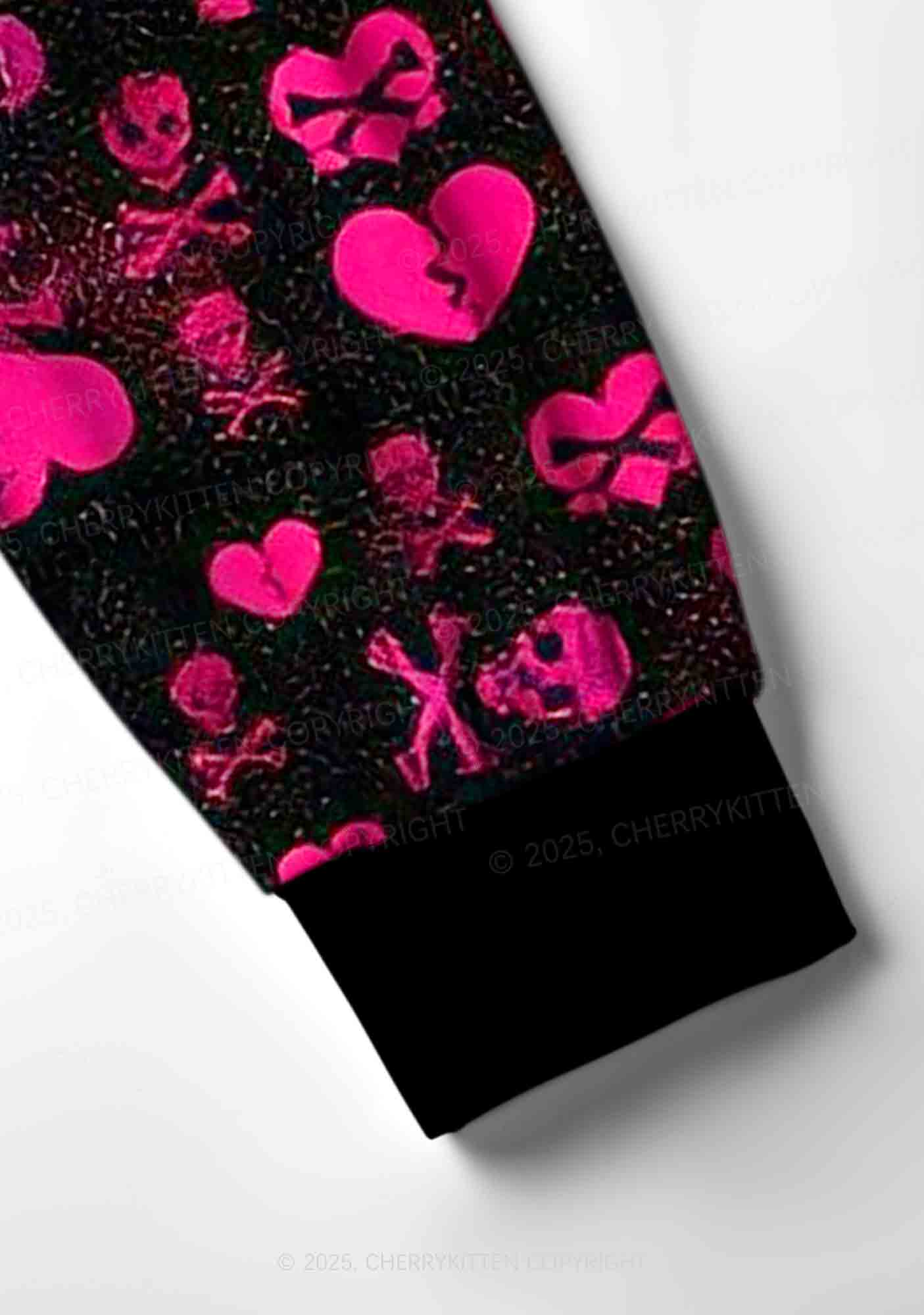 Skeleton Pink Love Valentine's Day Y2K Print Long Sleeve Pajama Set Cherrykitten