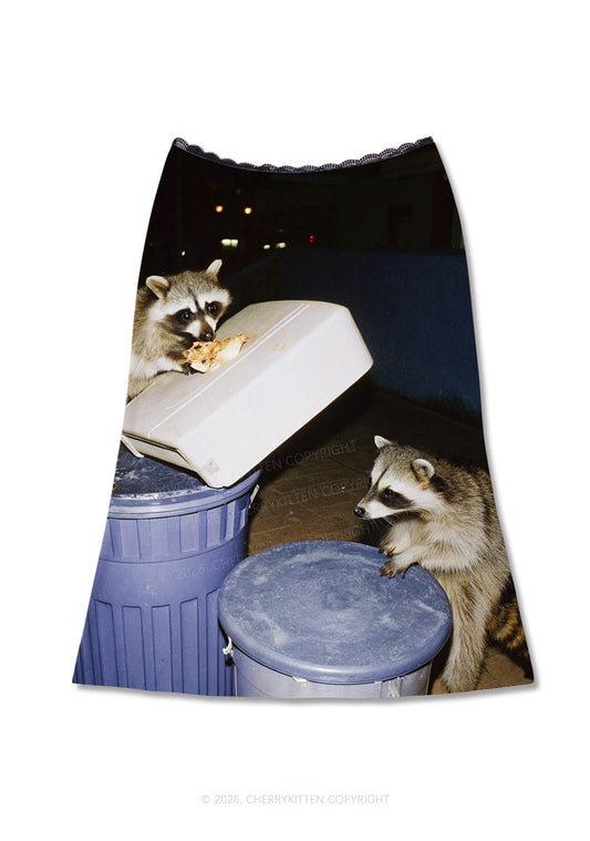 Raccoons Pizza Feast Y2K Print Midi Skirt Cherrykitten