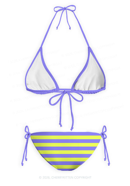 Purple Lime Stripes Y2K Print Bikini Set Cherrykitten