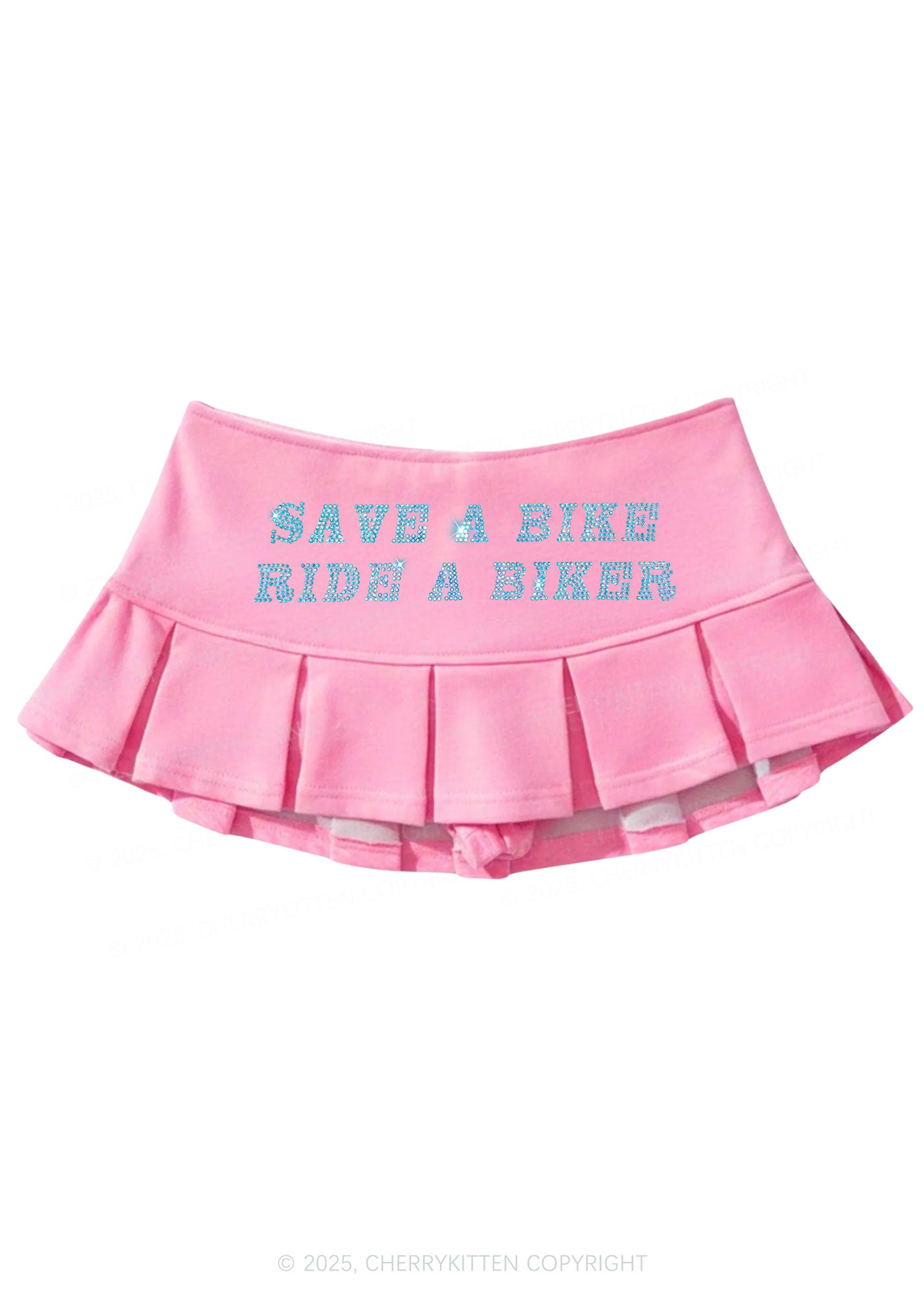 Rhinestone Save Bike Ride Biker Y2K Mini Pleated Skirts Cherrykitten