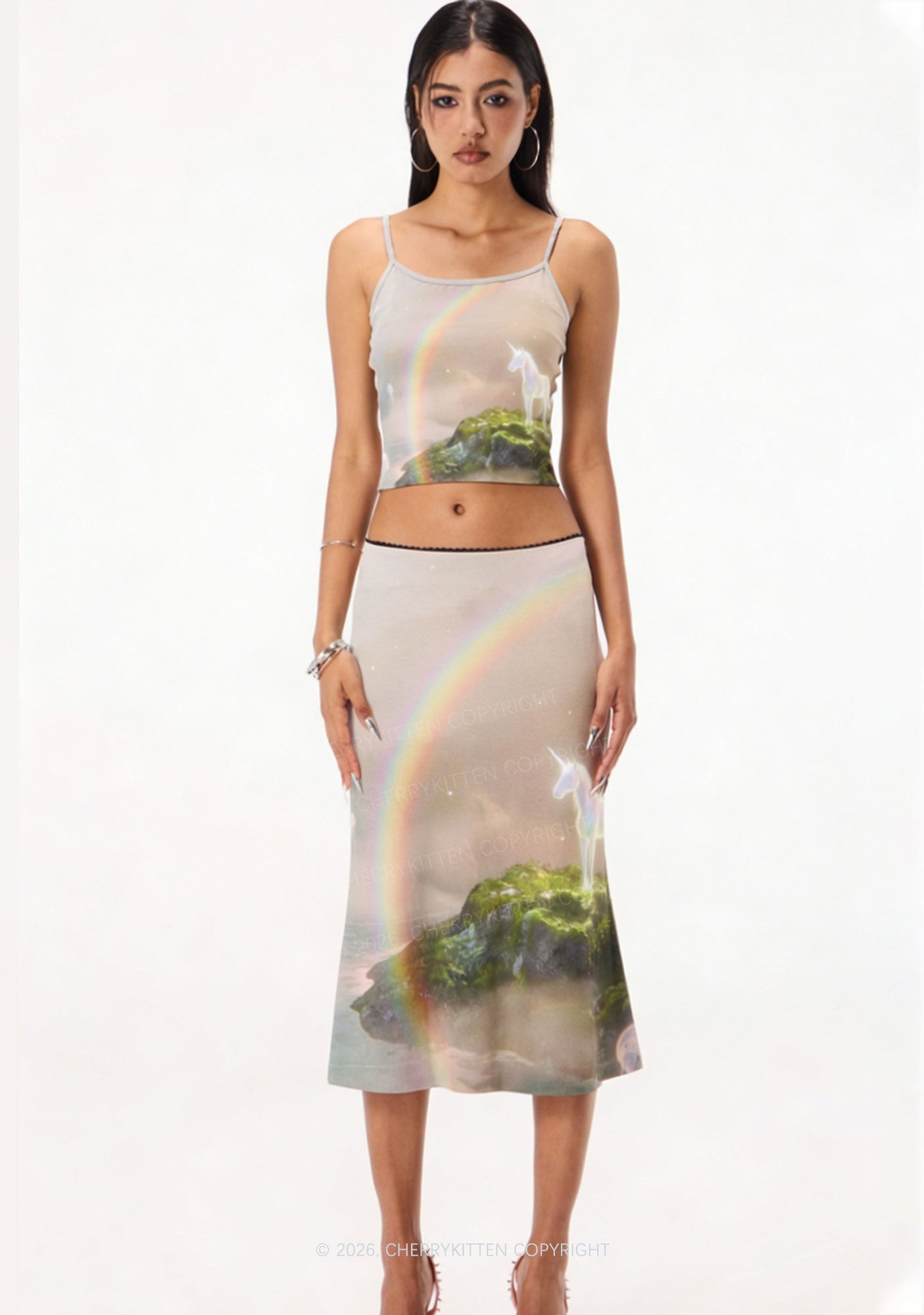 Rainbow Glowing Unicorn Y2K Print Midi Skirt Cherrykitten