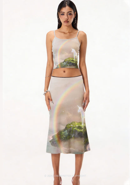 Rainbow Glowing Unicorn Y2K Print Midi Skirt Cherrykitten