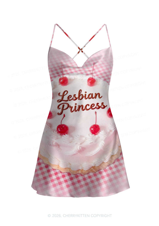 Blush Lesbian Princess Cake Pride Y2K Print Satin Cowl Neck Slip Dress Cherrykitten