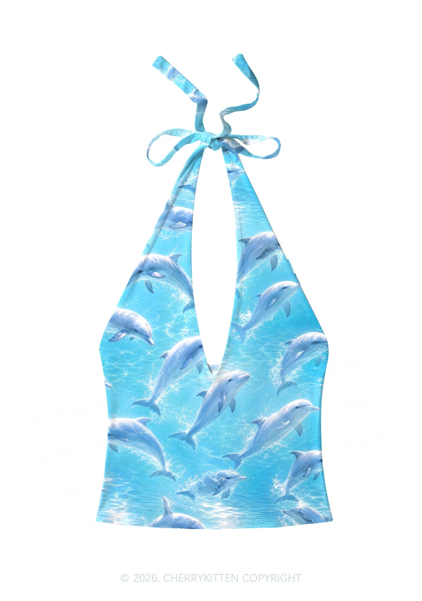 Blue Dolphin Y2K Print Halter Deep V Neck Cami Cherrykitten