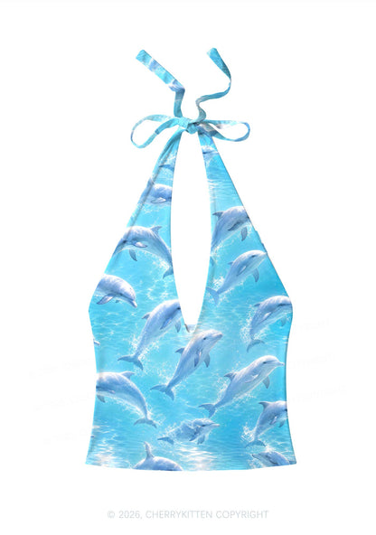 Blue Dolphin Y2K Print Halter Deep V Neck Cami Cherrykitten