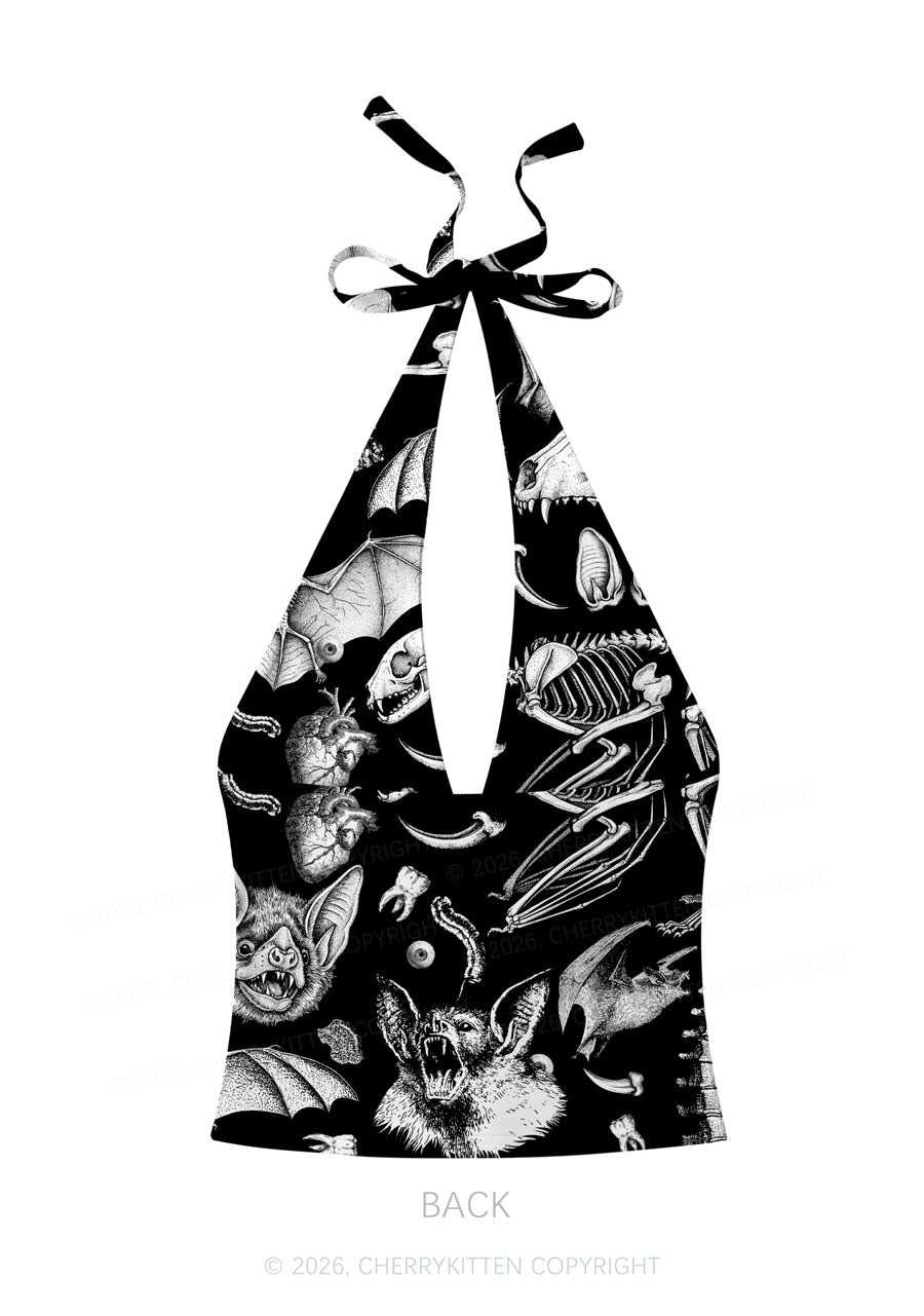 Halloween Goth Animal Bone Skull Y2K Print Halter Deep V Neck Cami Cherrykitten