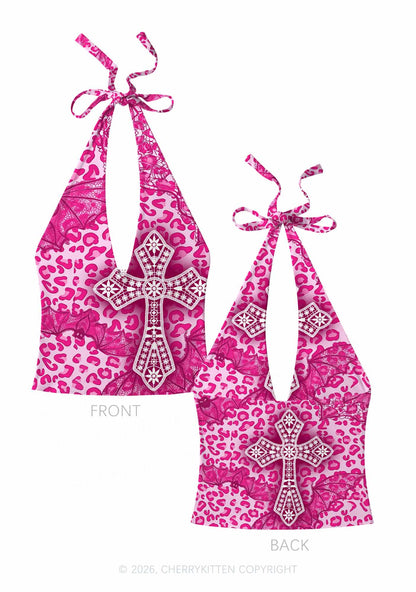 Halloween Pink Leopard Bat Cross Y2K Print Halter Deep V Neck Cami Cherrykitten
