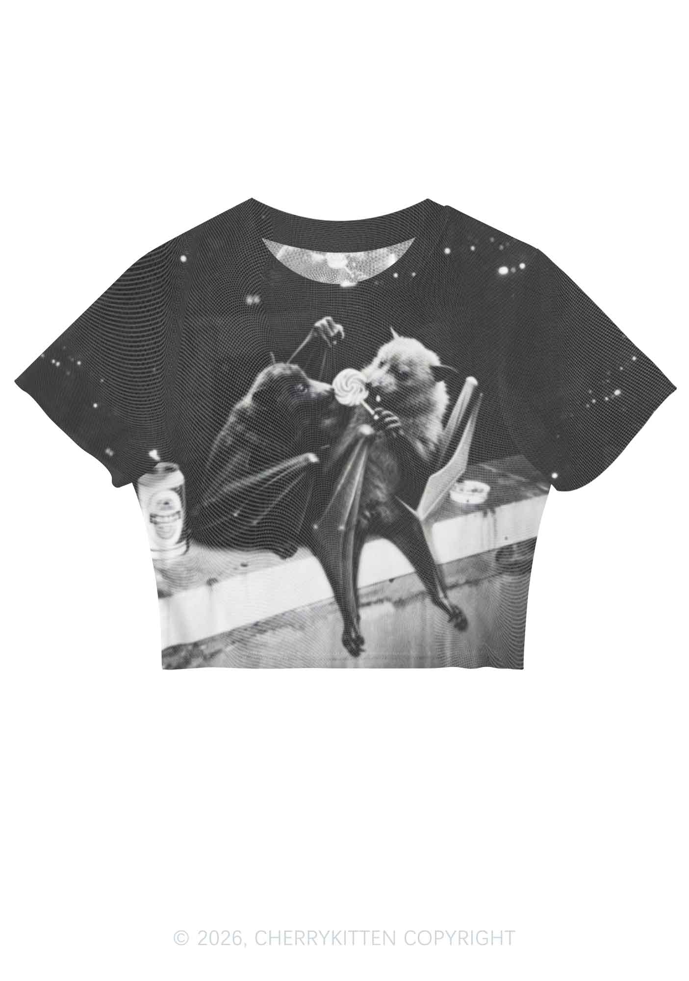 Halloween Lollipop Bat Y2K Mesh Crop Top Cherrykitten