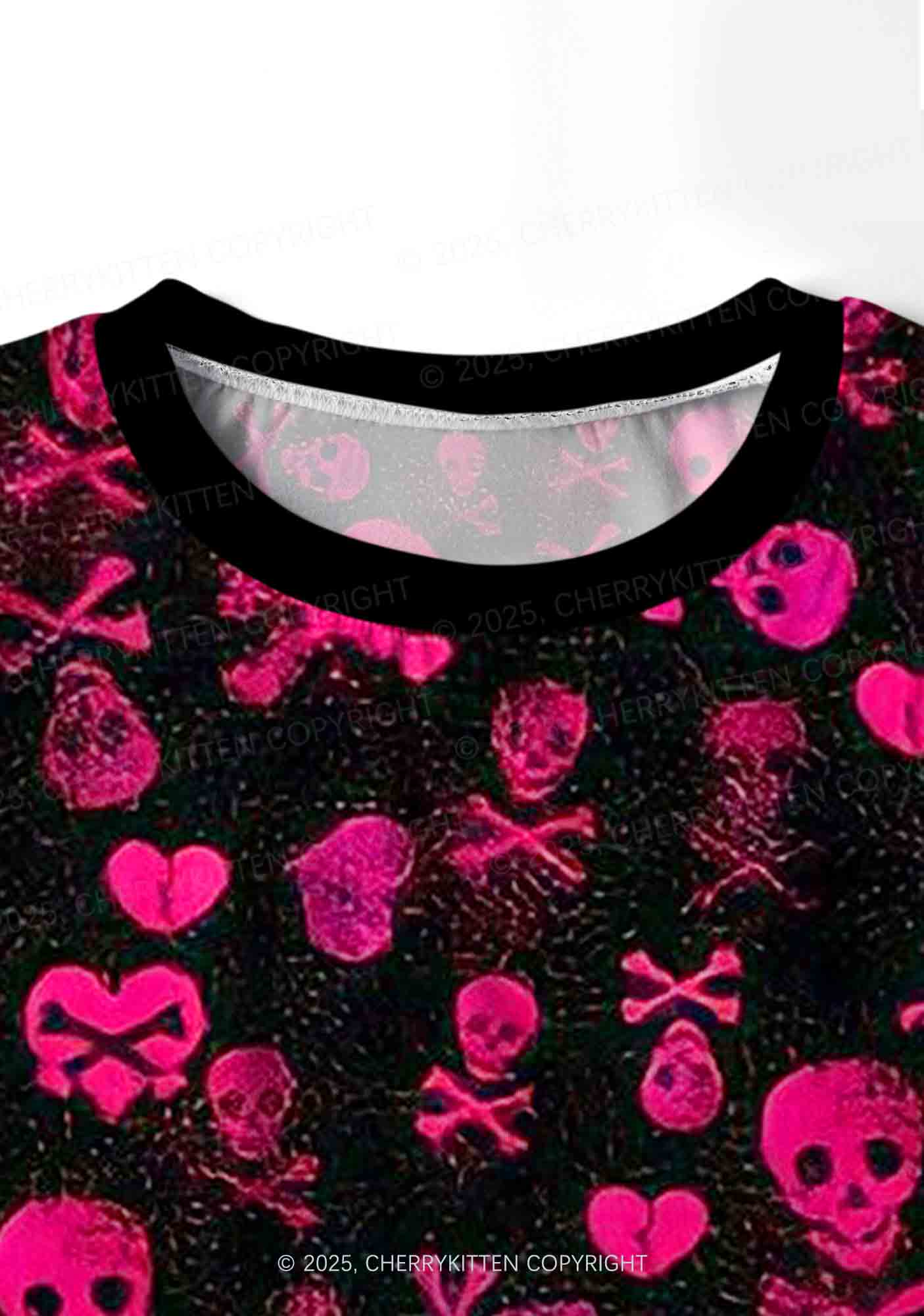 Skeleton Pink Love Valentine's Day Y2K Print Long Sleeve Pajama Set Cherrykitten