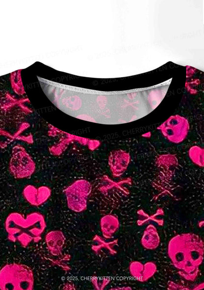 Skeleton Pink Love Valentine's Day Y2K Print Long Sleeve Pajama Set Cherrykitten