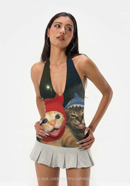Halloween Devil Shark Hat Cat Y2K Print Halter Deep V Neck Cami Cherrykitten