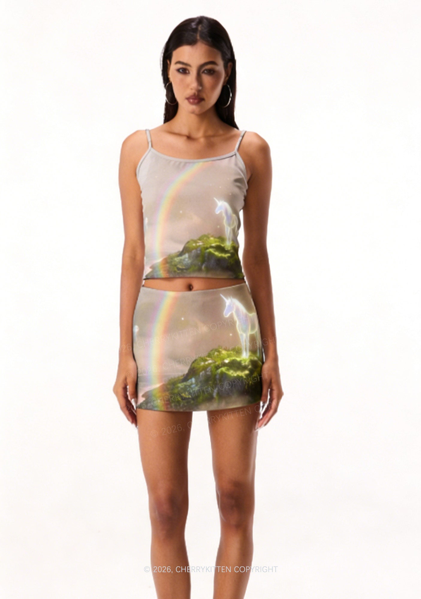 Rainbow Glowing Unicorn Y2K Print Mini Skirt Cherrykitten
