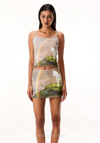 Rainbow Glowing Unicorn Y2K Print Mini Skirt Cherrykitten