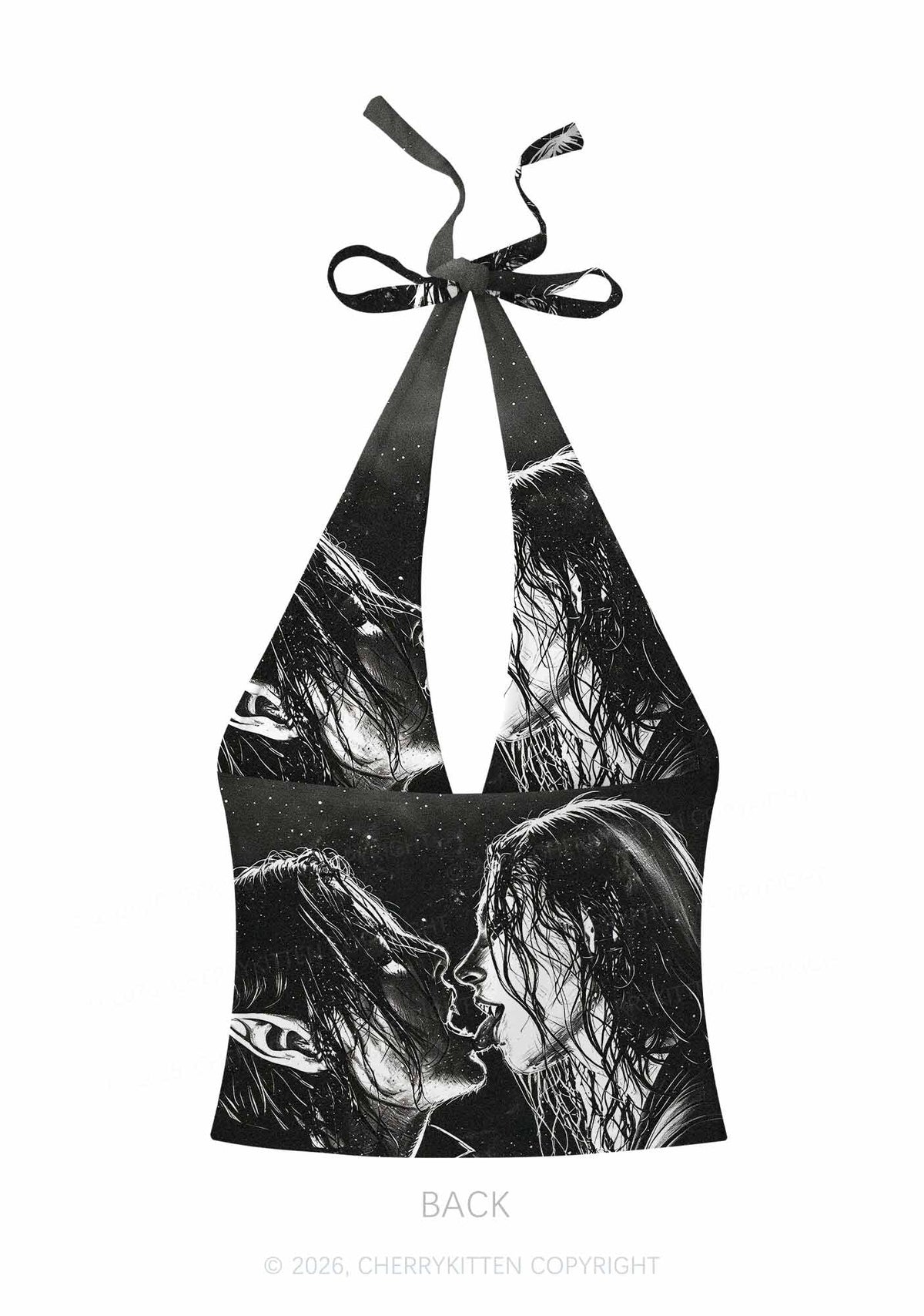 Halloween Two Vampire Figures Y2K Print Halter Deep V Neck Cami Cherrykitten