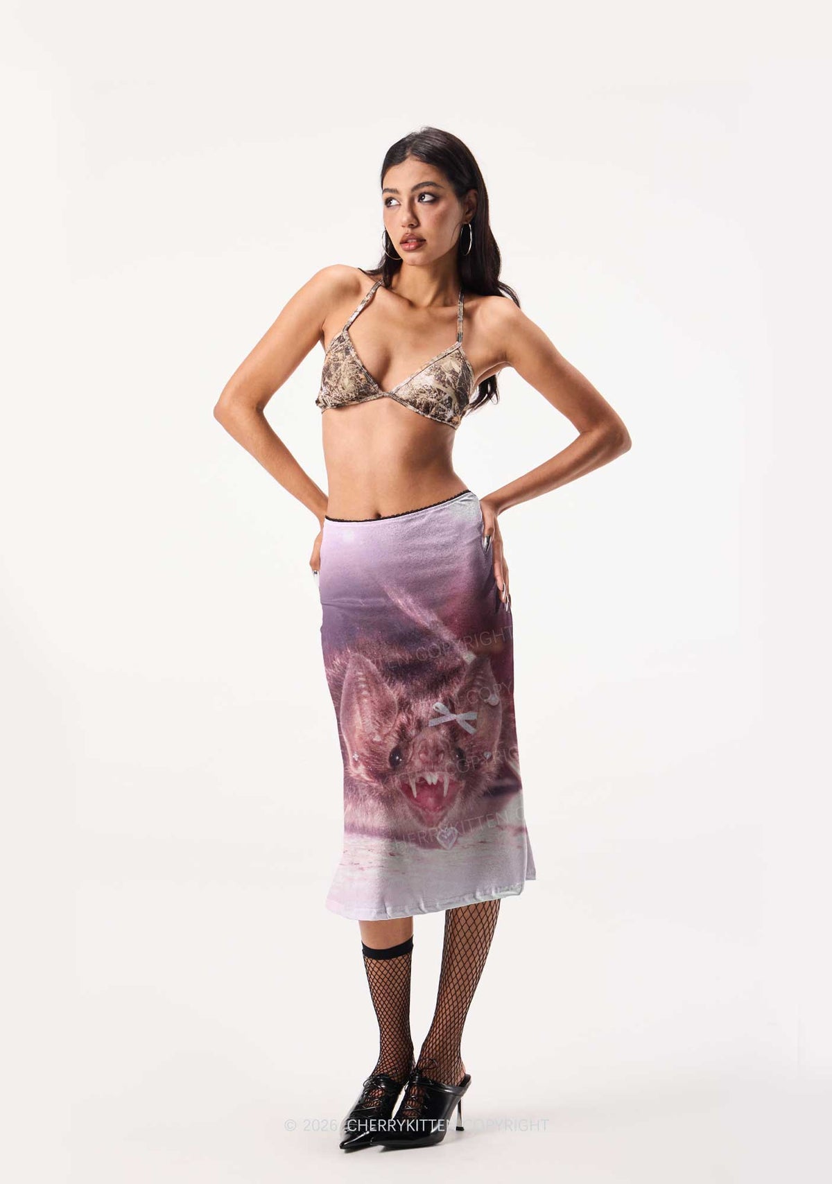 Halloween Pink Bow Bat Y2K Print Midi Skirt Cherrykitten