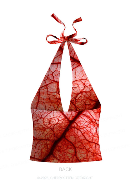 Halloween Red Blood Vessel Y2K Print Halter Deep V Neck Cami Cherrykitten
