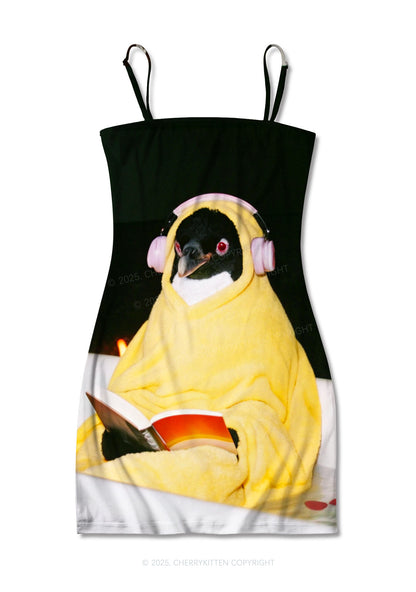 Penguin Bathing Y2K Print Slip Dress Cherrykitten