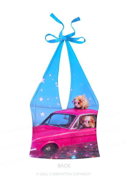 Two Guinea Pigs On Pink Car Y2K Print Halter Deep V Neck Cami Cherrykitten