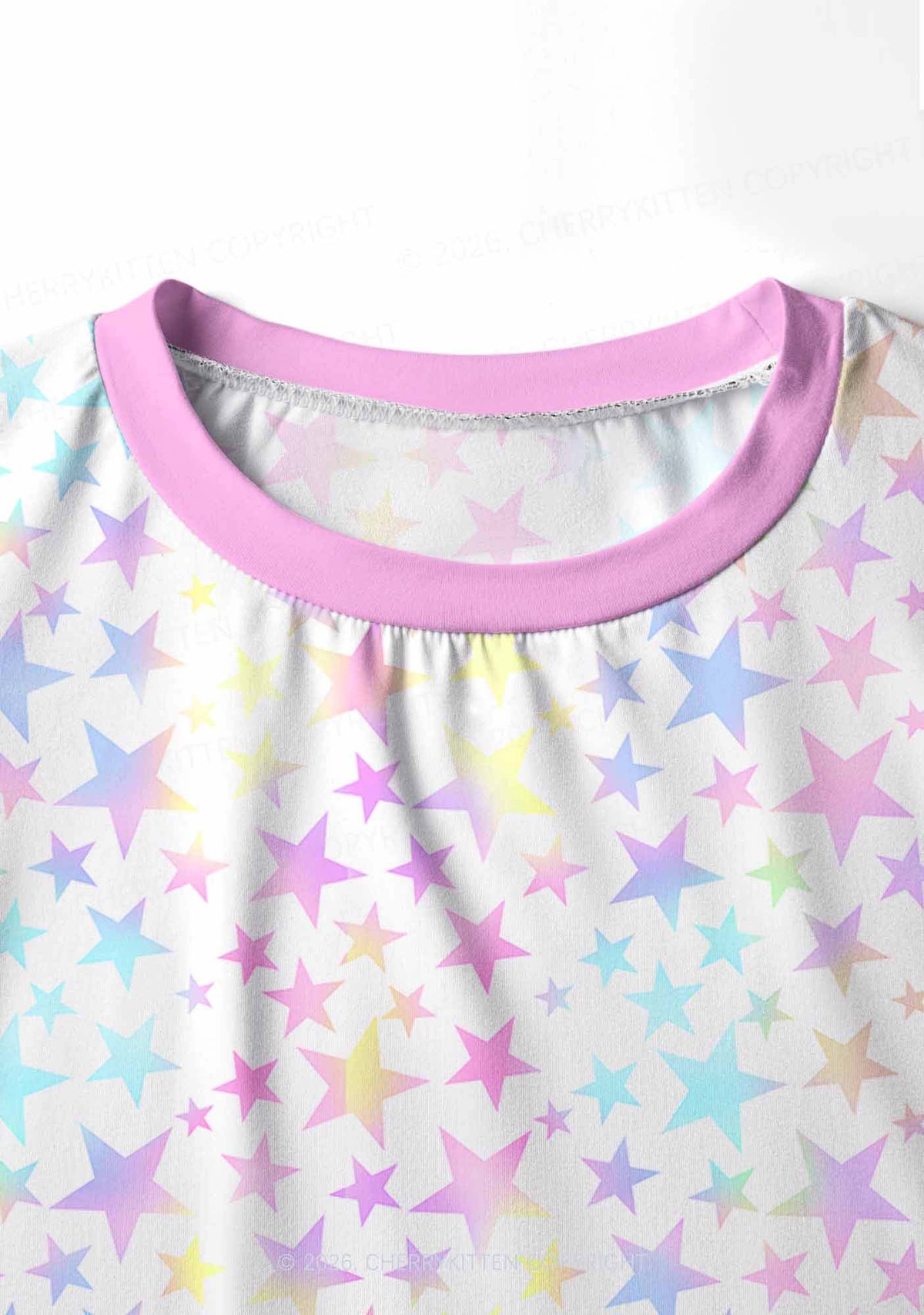 Rainbow Star On White Y2K Print Long Sleeve Pajama Set Cherrykitten