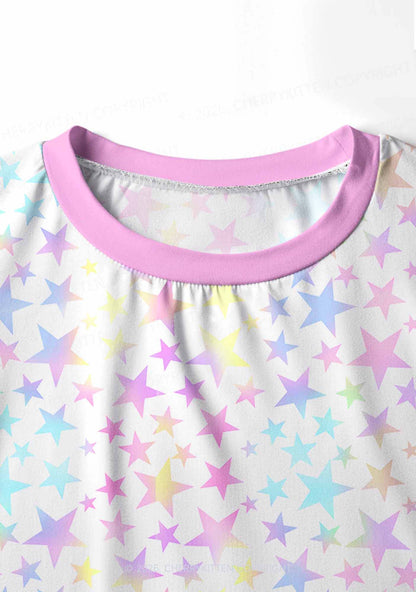 Rainbow Star On White Y2K Print Long Sleeve Pajama Set Cherrykitten