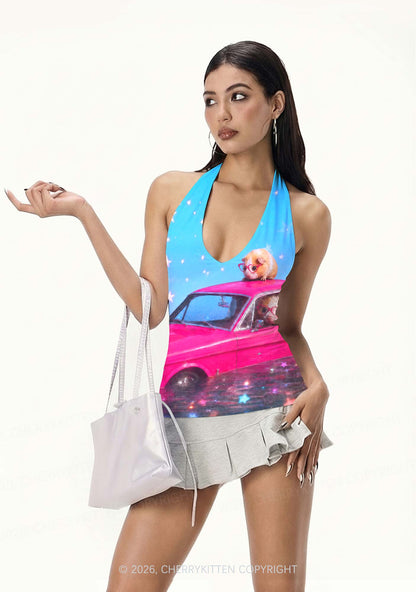 Two Guinea Pigs On Pink Car Y2K Print Halter Deep V Neck Cami Cherrykitten