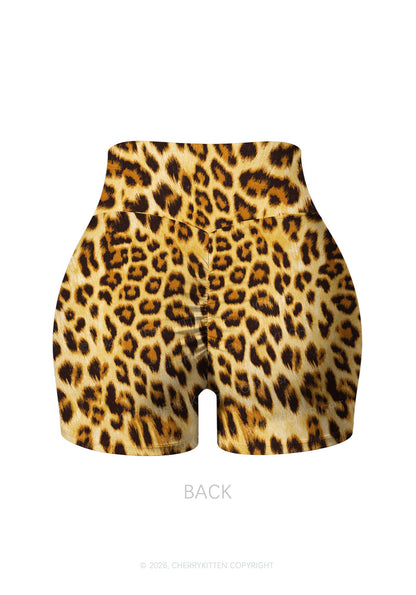 Brown Leopard Y2K Print Gym Shorts Cherrykitten