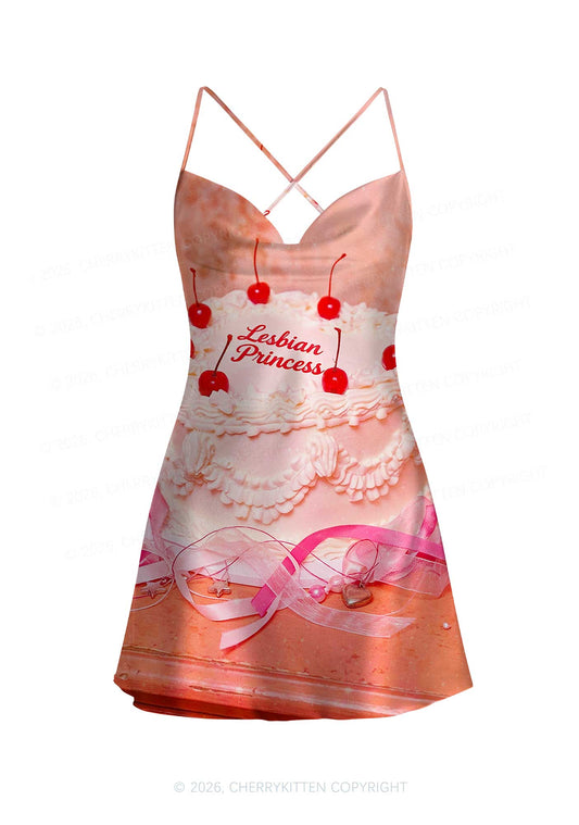 Coral Lesbian Princess Cake Pride Y2K Print Satin Cowl Neck Slip Dress Cherrykitten