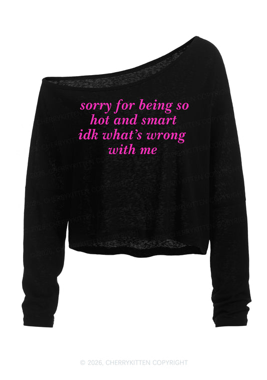 Sorry For Being So Smart Y2K Off Shoulder Long Sleeve Crop Top Cherrykitten