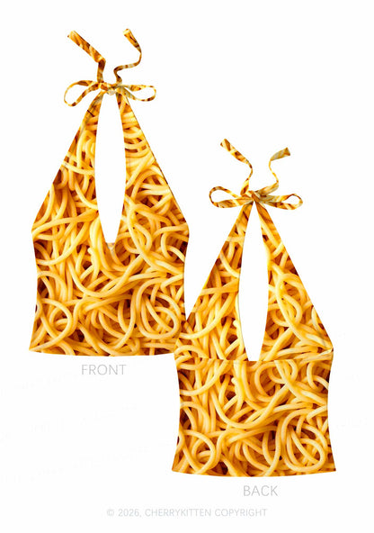 Spaghetti Pasta Y2K Print Halter Deep V Neck Cami Cherrykitten