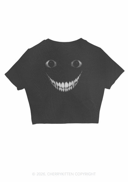Halloween Black Creepy Grin Y2K Mesh Crop Top Cherrykitten