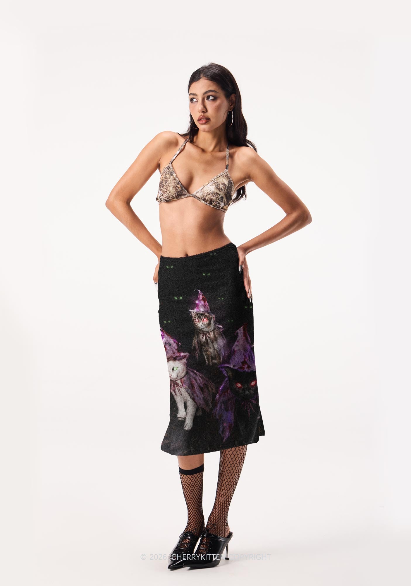 Halloween Purple Witch Hats Cat Y2K Print Midi Skirt Cherrykitten