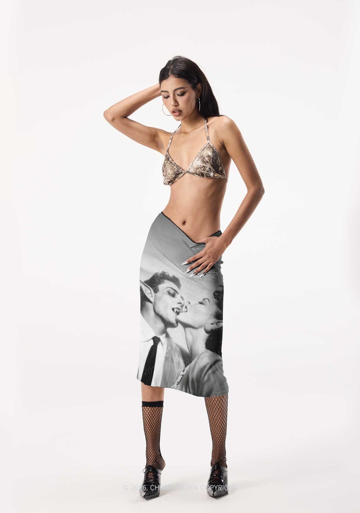 Halloween Vampire Couple Y2K Print Midi Skirt Cherrykitten