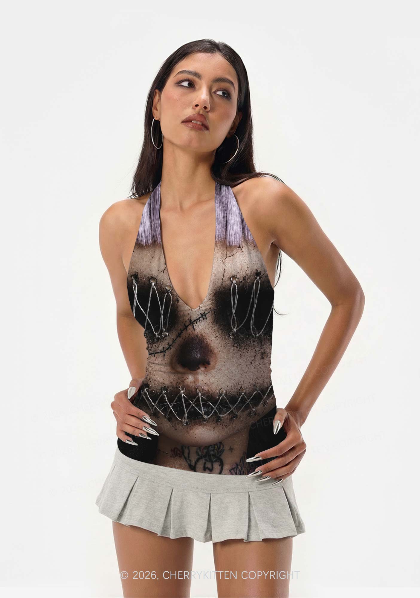 Halloween Metal Wire Face Y2K Print Halter Deep V Neck Cami Cherrykitten