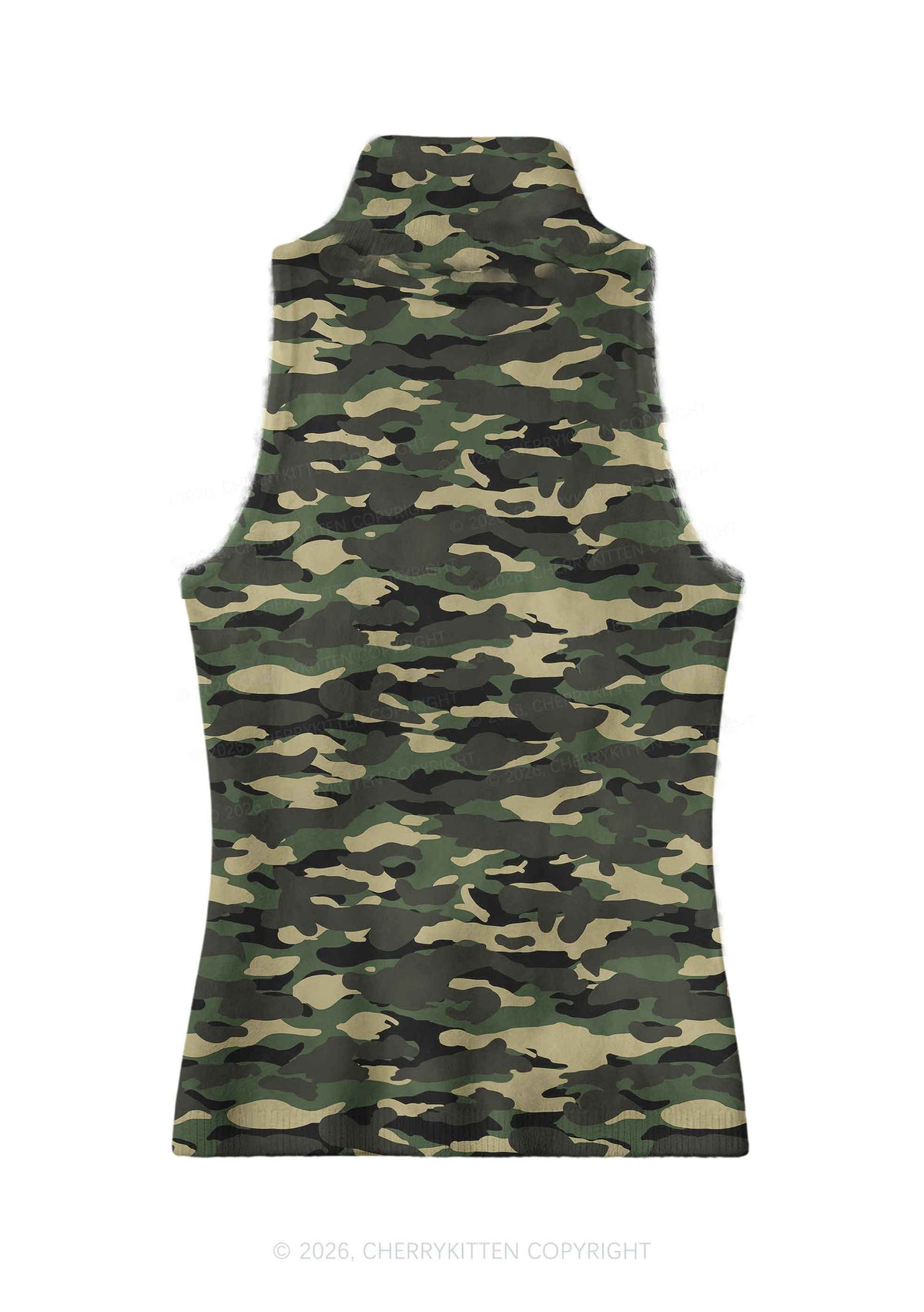 Classic Green Camo Y2K Knit Turtleneck Tank Top Cherrykitten