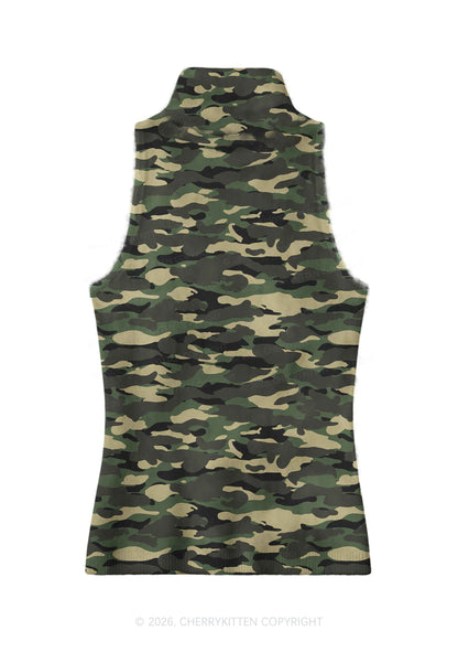 Classic Green Camo Y2K Knit Turtleneck Tank Top Cherrykitten