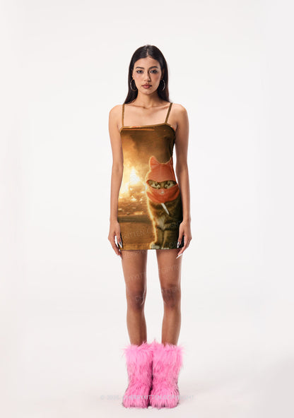 Halloween Red Ear Hood Cat Y2K Print Slip Dress Cherrykitten