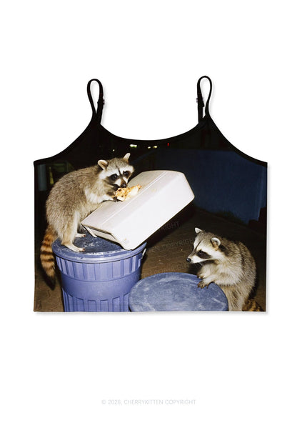 Raccoons Pizza Feast Y2K Print Cami Crop Top Cherrykitten
